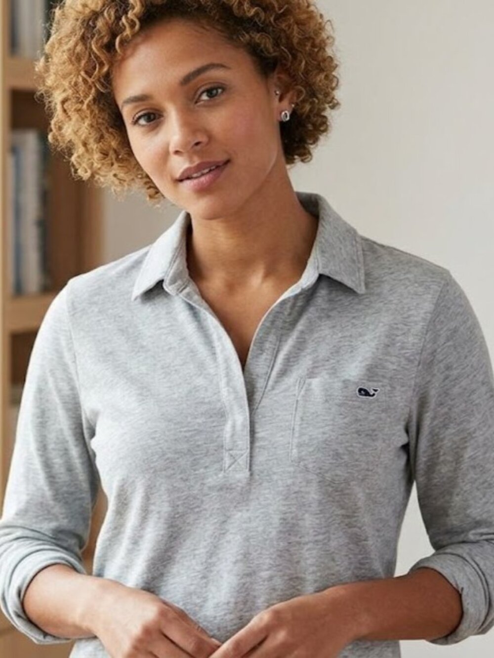 Vineyard Vines Grey LS Polo Women's | Coastal Preppy Whale Shirt M